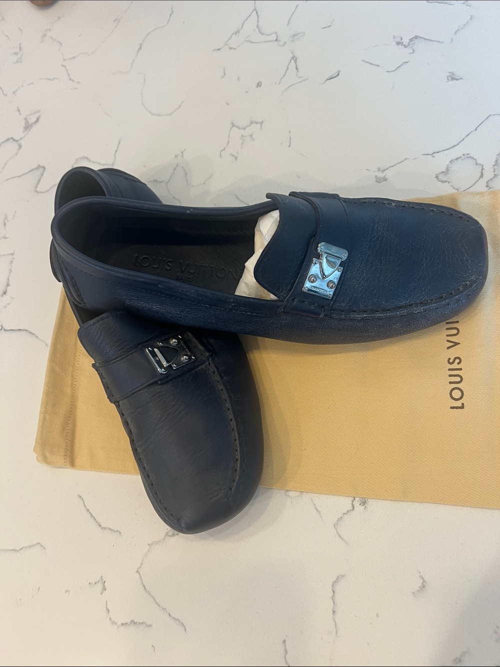 Louis Vuitton Men’s Dark Blue Leather Slip-On Loafers with Metal Buckle